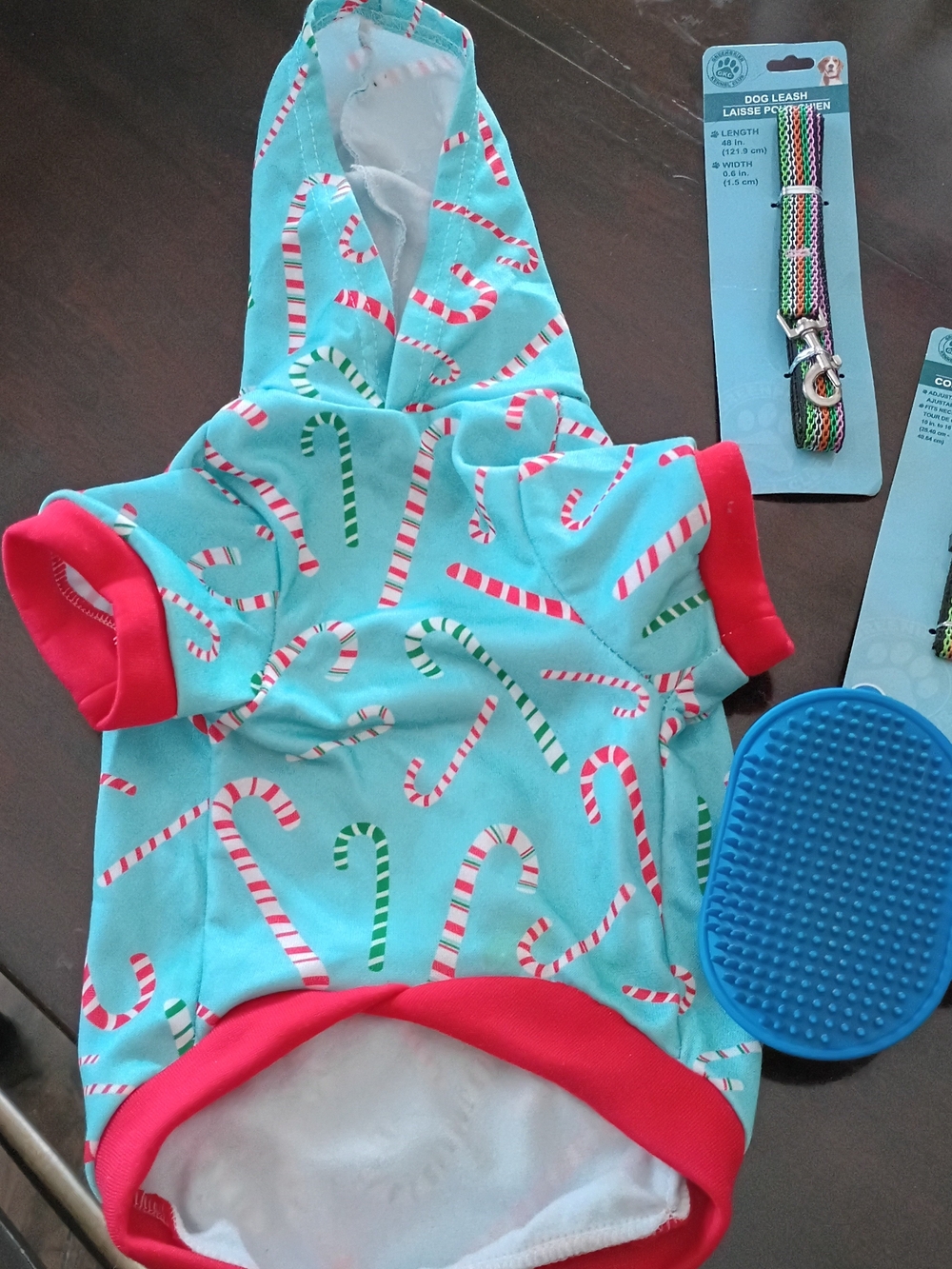 Candy Cane Print Dog Hoodie - Aqua with Red Trim